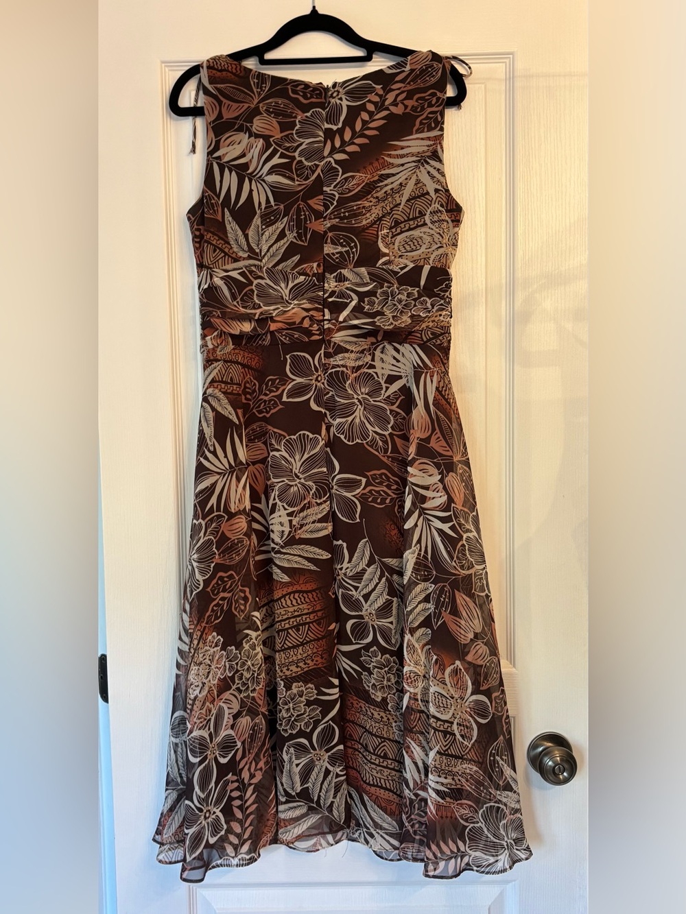 Floral Brown Midi Dress with Cream & Tan Leaf Print - Picture 2 of 6